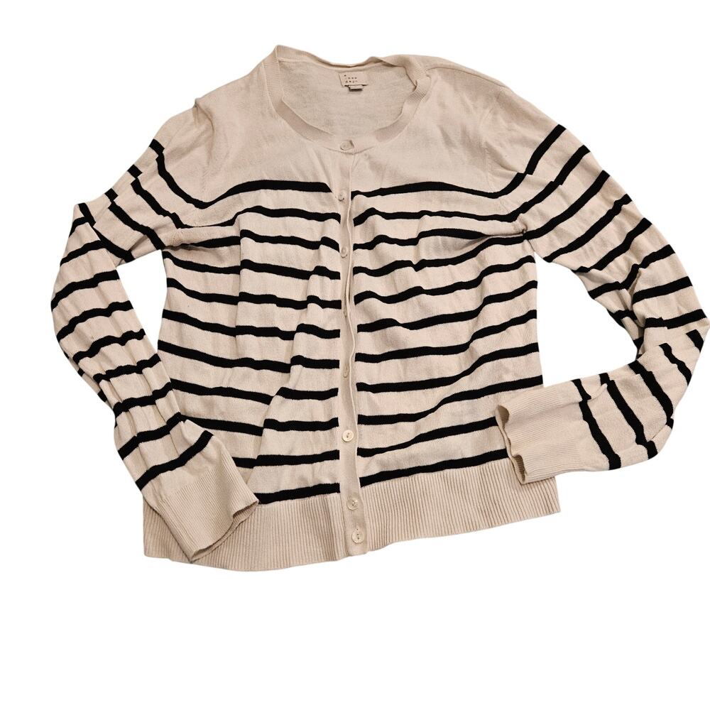 A New Day White Black Striped Button Front Cotton Cardigan Sweater Women's Small